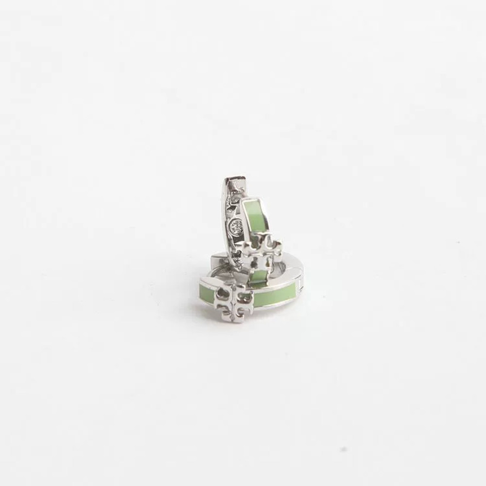 Tory Burch Silver Green Enamel Round Hoop Earrings